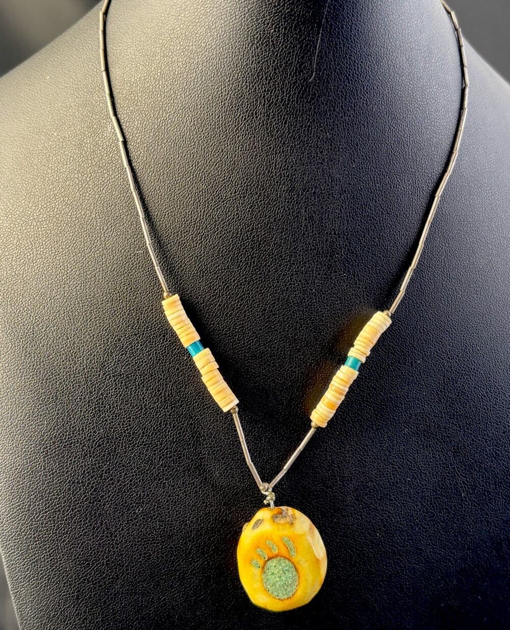 Native American 925 Liquid Silver Turquoise Yellow Shell Bear Paw 16.5โ Necklace